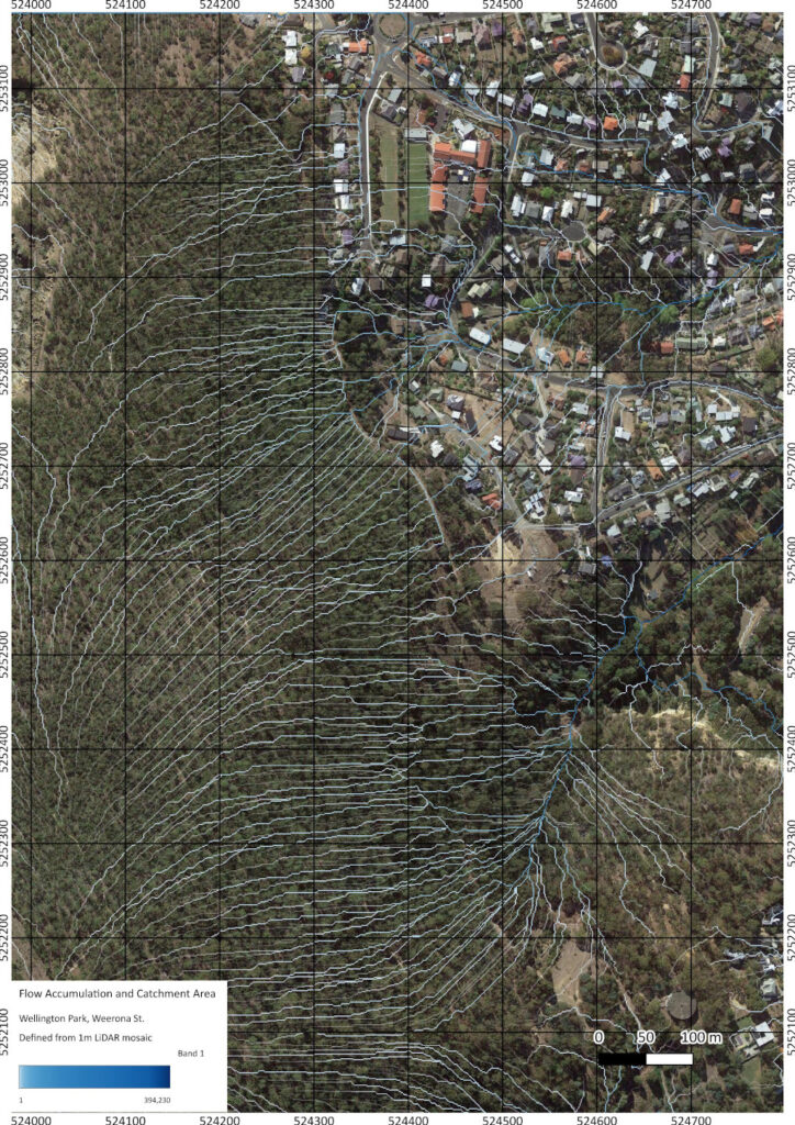 Flow Accumulation diagram (Wellington Park area, Hobart)